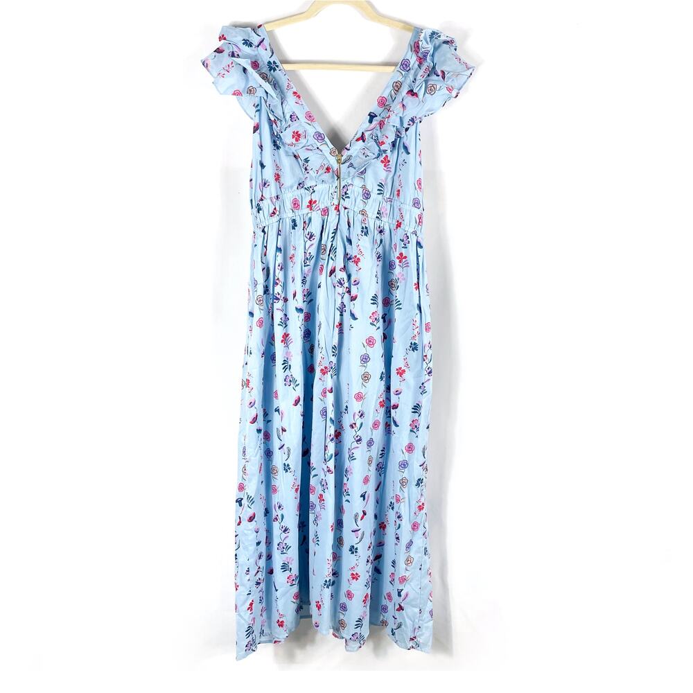 Banjanan Maya Dress Floral Misty Blue V-neck Midi Ruffle Cotton Sz XL - Picture 13 of 13